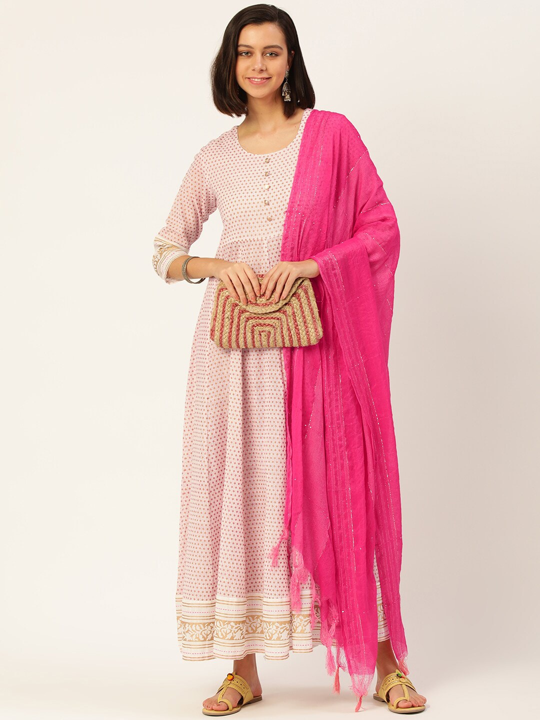 HERE&NOW Printed Anarkali Cotton Kurta With Dupatta