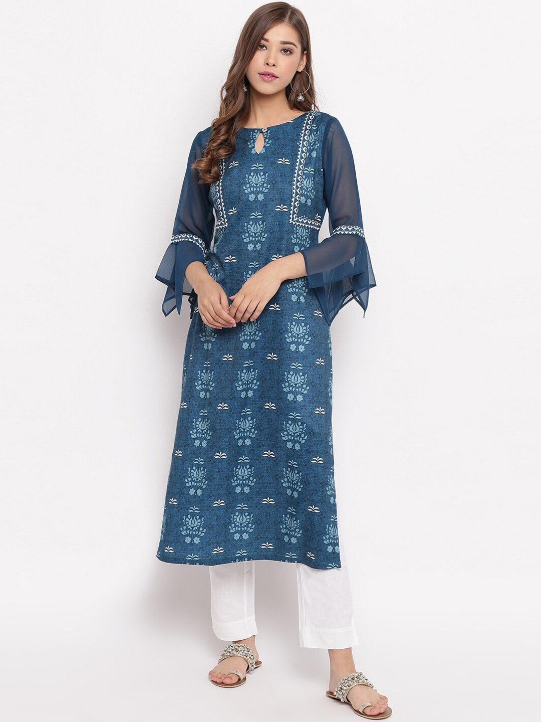 Janasya Women Blue Floral Printed Straight Kurta
