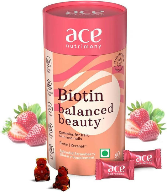 Ace Nutrimony Biotin Balanced Beauty Hair Gummies for Skin and Nails with Clinically Proven Keranat, Biotin - Strawberry - Grab2buy