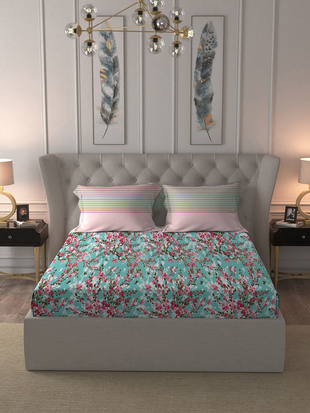 MYTRIDENT Turquoise Blue Pink Floral Pure Cotton 144 TC Queen Bedsheet 2 Pillow Covers 