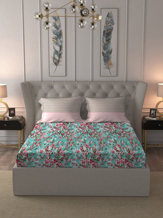 MYTRIDENT Turquoise Blue Pink Floral Pure Cotton 144 TC Queen Bedsheet 2 Pillow Covers 