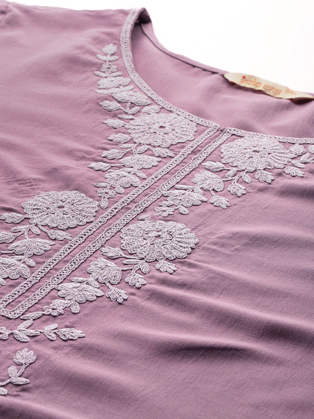 Indo Era Plus Size Floral Embroidered Thread Work Kurta With Trousers & Dupatta