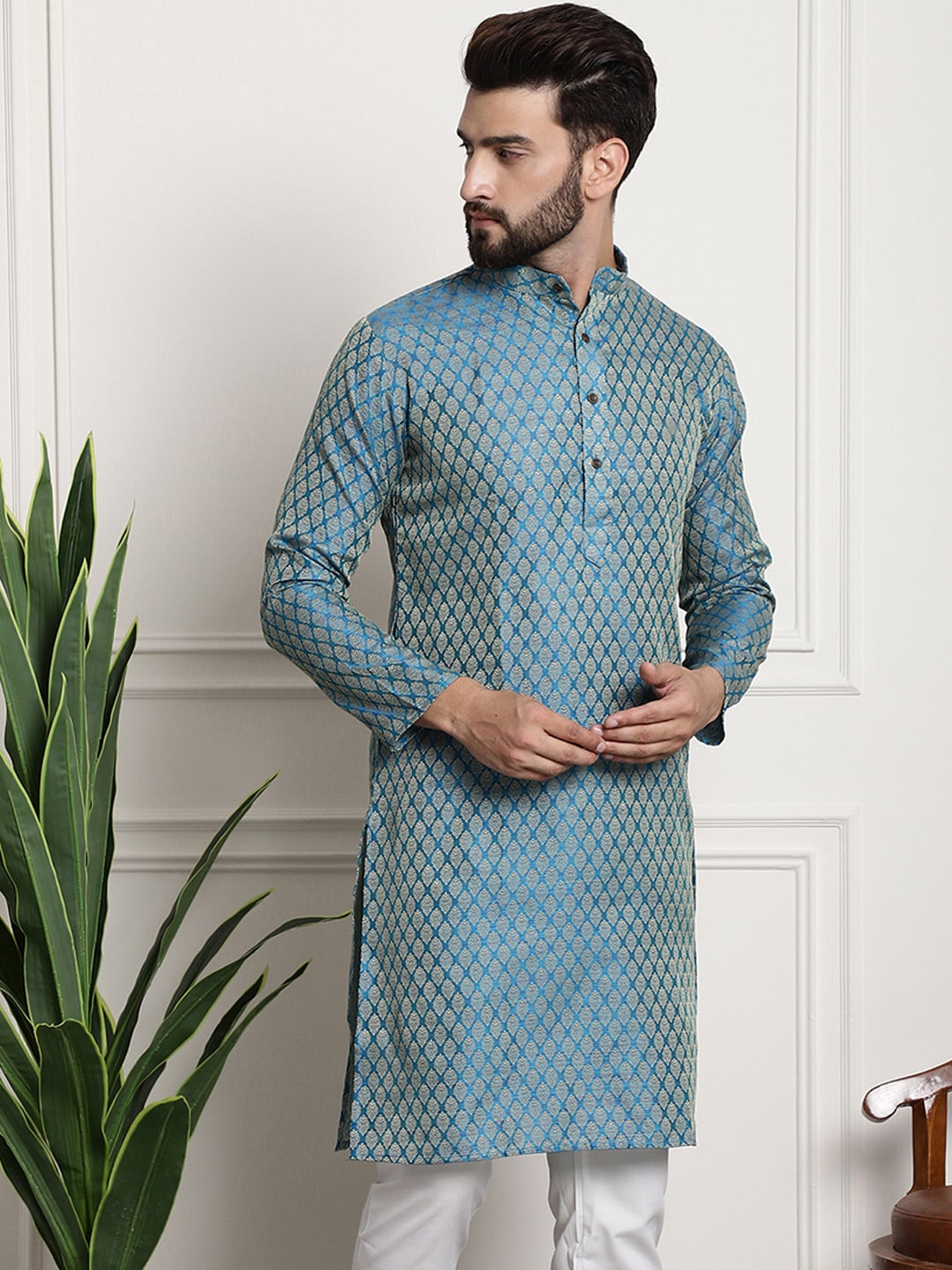 Sojanya Men Blue & Beige Ethnic Motif Printed Jacquard Silk Kurta 