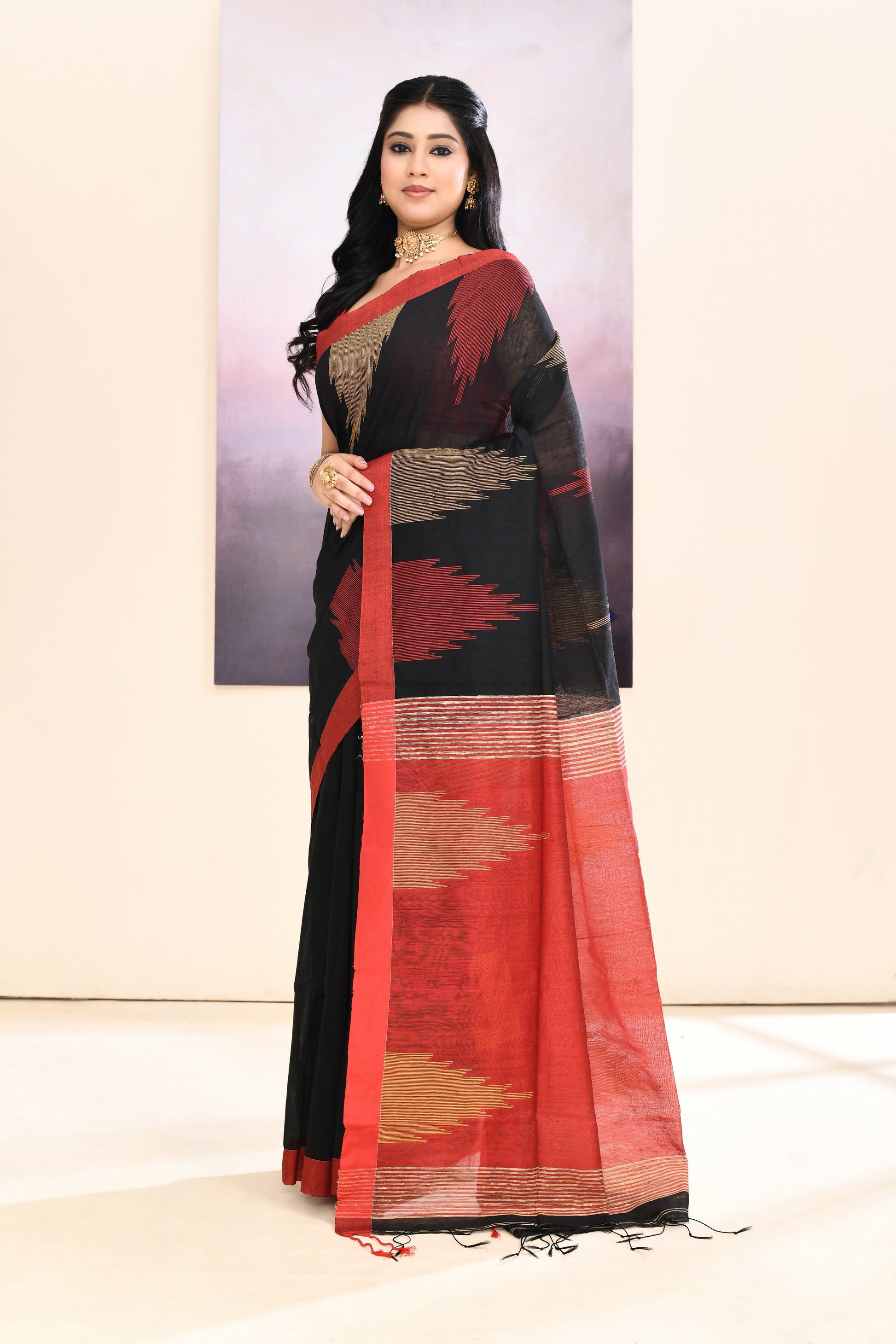 Piyari Fashion Women's Black Temple Border Embellished Cotton Blend Jamdani Saree
