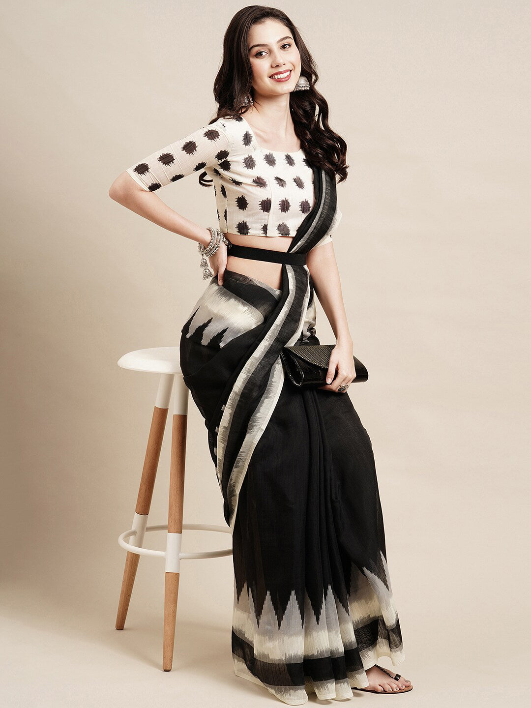 Saree Mall Black & White Pure Cotton Saree