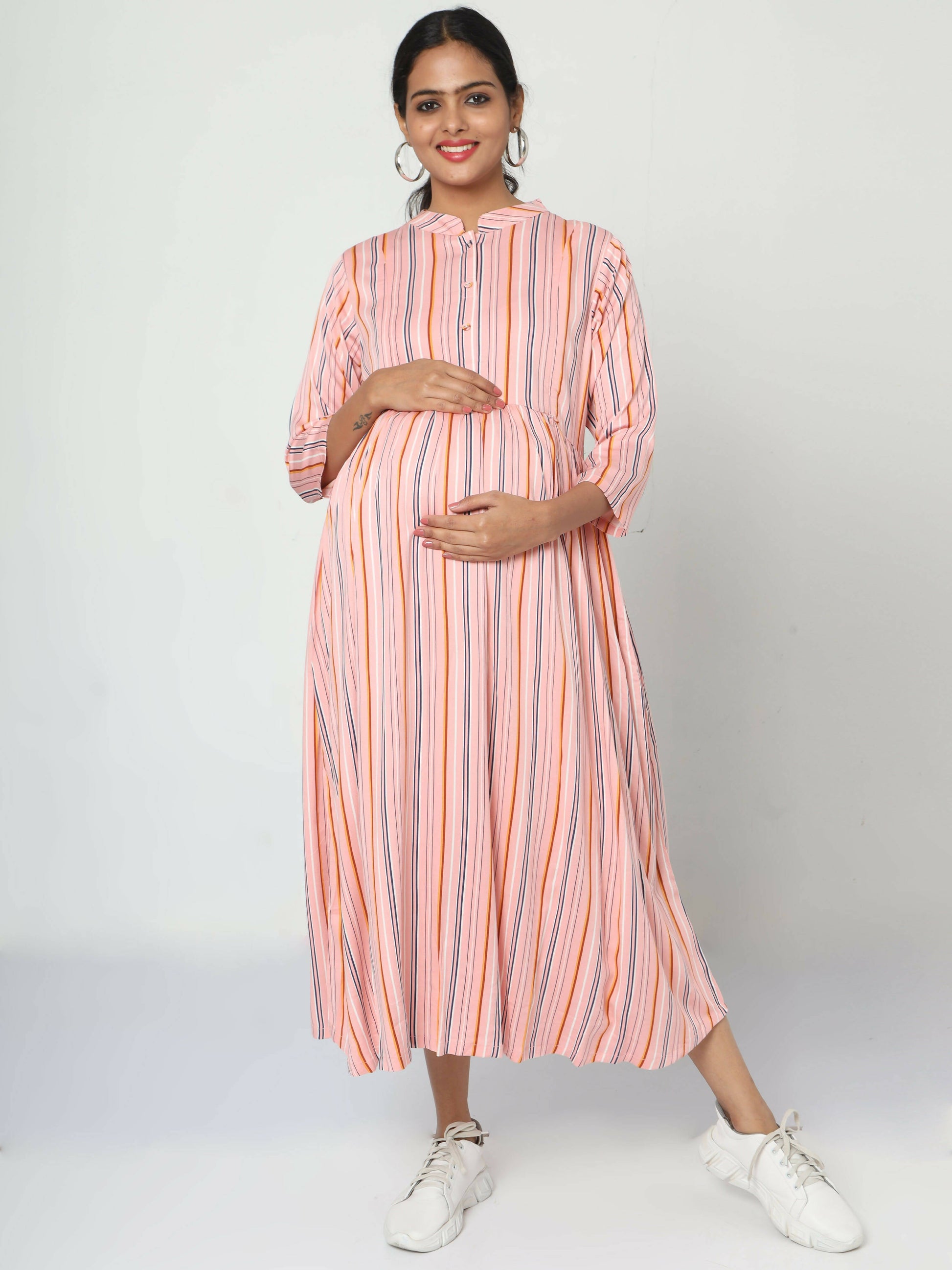 Manet Three Fourth Maternity Dress Strip Print With Concealed Zipper Nursing Access - Pink