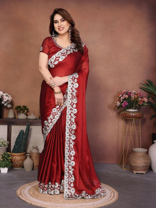 Teeya Creation New Trendy Stylish Party Wear Silk Saree-Red