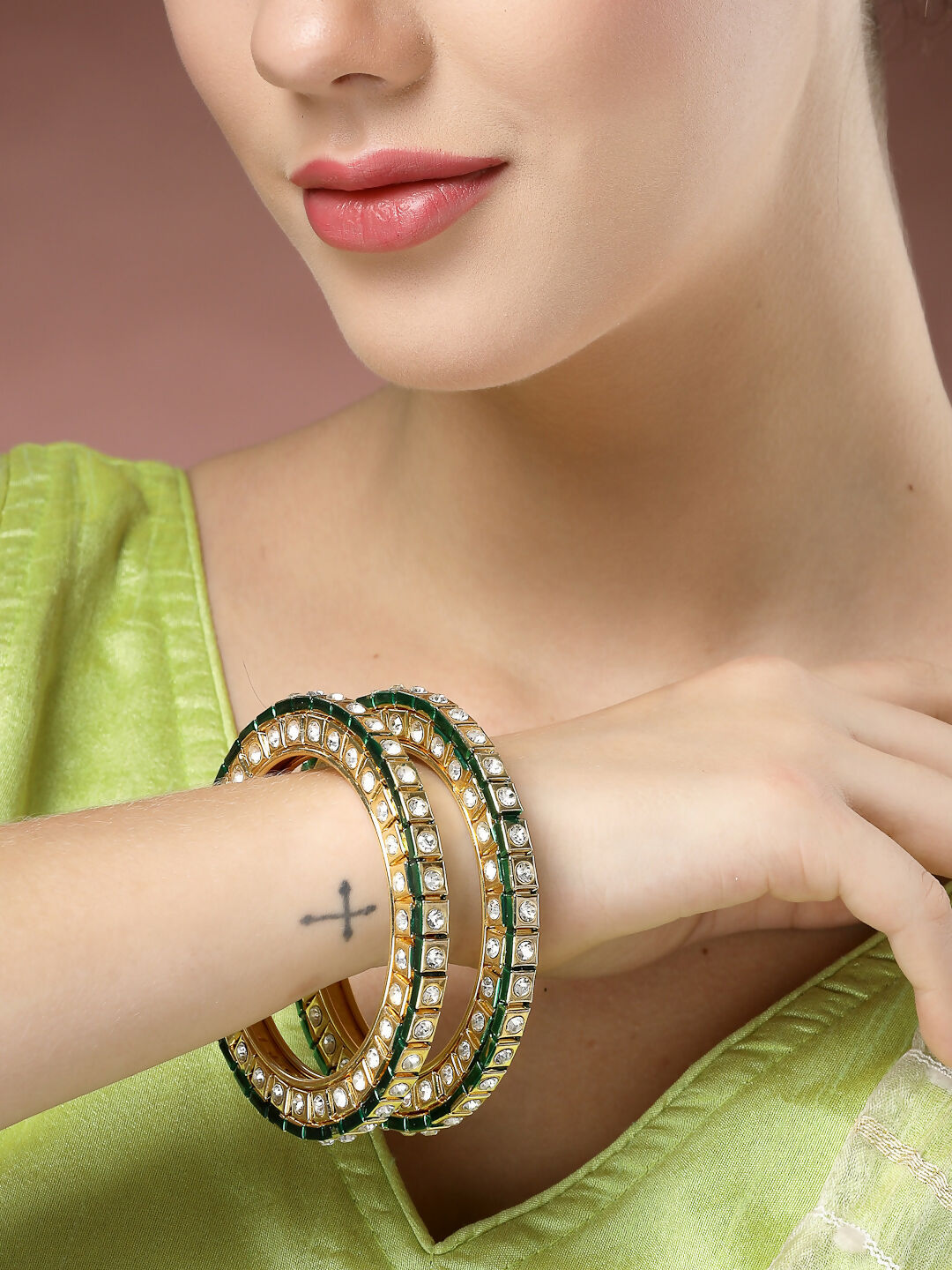 NVR Women's Set Of 2 Gold-Polished Kundan-Studded Bangles | Grab2Buy