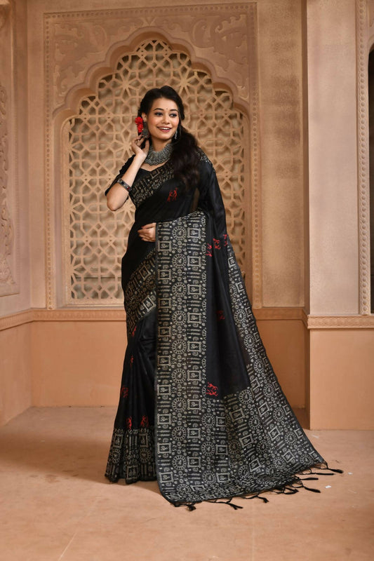 Vishnu Weaves Women's Black Handloom Raw Silk Woven Border Grab2Buy with Unstitched Blouse 