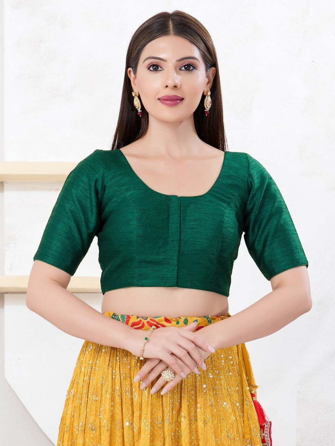 Joban Fashion Bottle-Green Dupion Silk Elbow Sleeveless Front Open Blouse