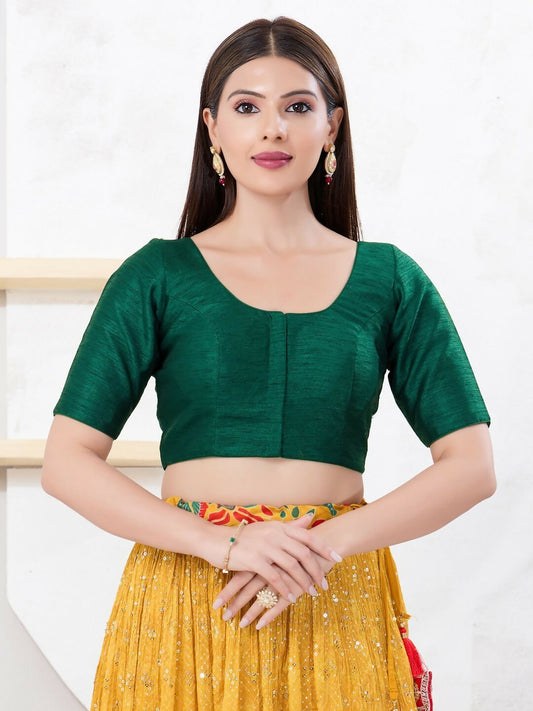 Joban Fashion Bottle-Green Dupion Silk Elbow Sleeveless Front Open Blouse