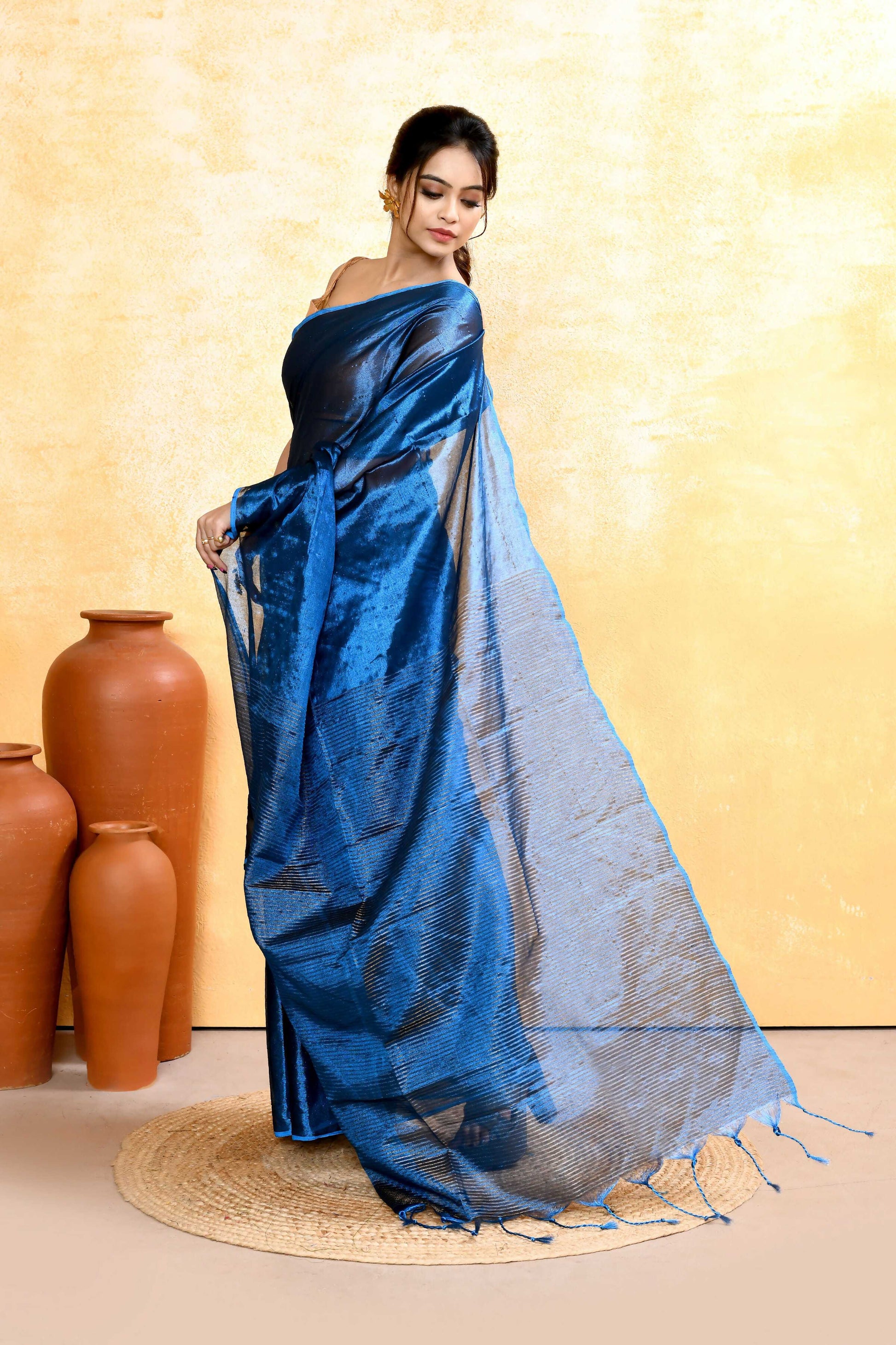 Piyari Fashion Women's Blue Dual Tone Organic Tissue Saree With Blouse Piece