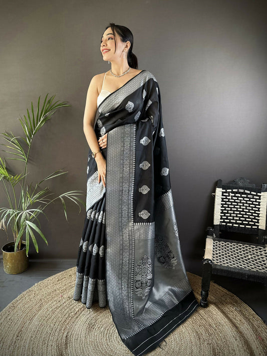 Joban Fashion Black Floral Motifs Soft Silk Banarasi Saree