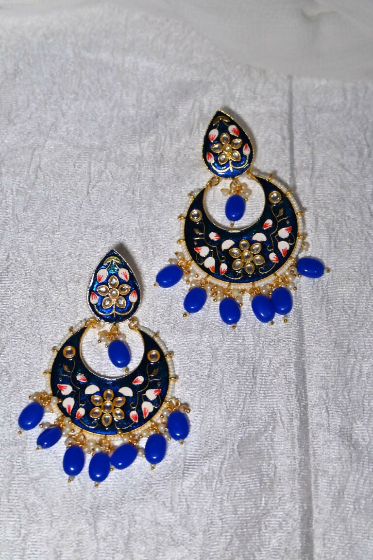 Royal Blue Gold-Polished Brass & Pearl Dangle Women Earrings| Hand Painted Meenakari Chandbali Traditional Ethnic Wear Earrings By House of Ree House of Ree