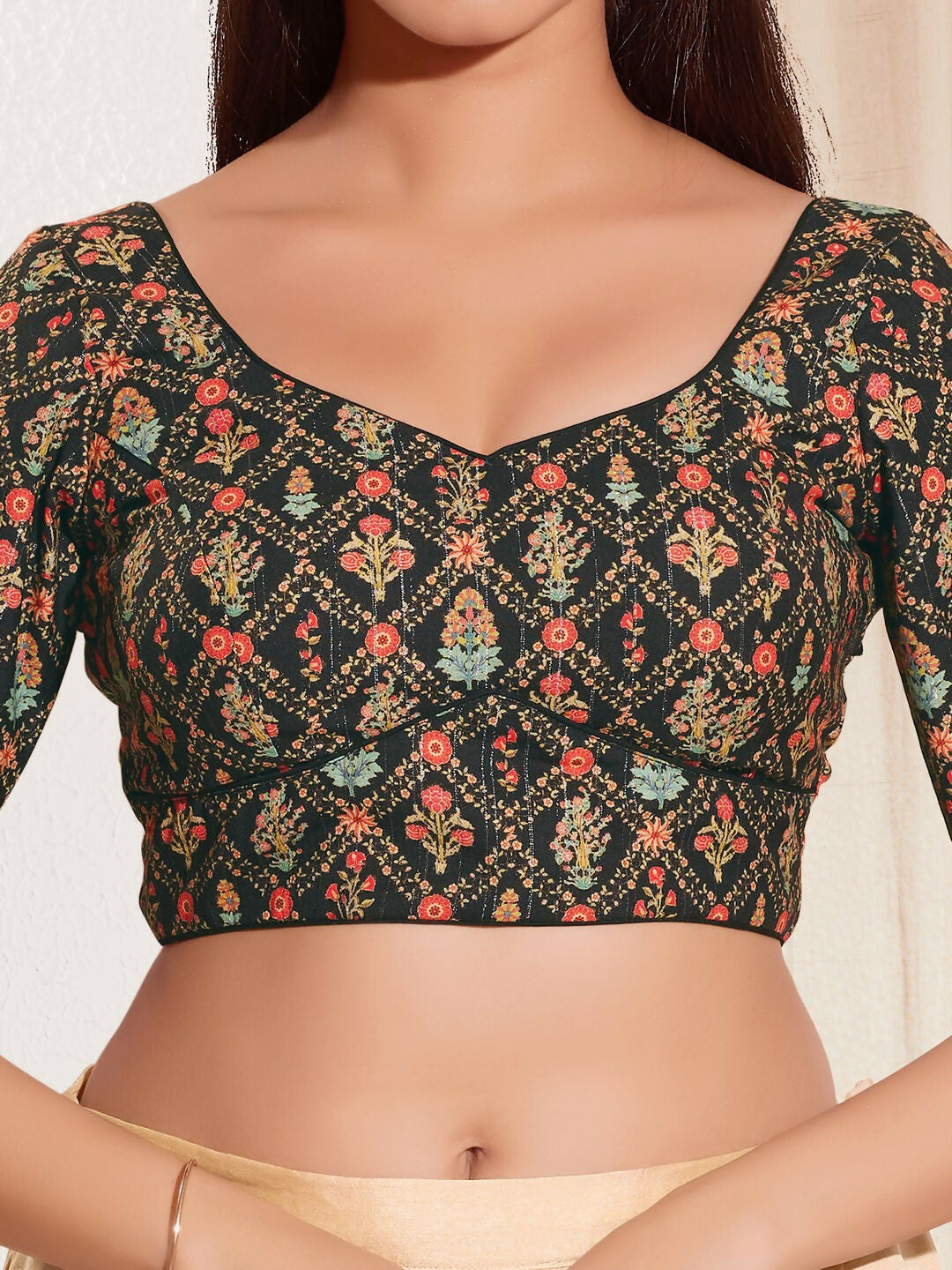 Joban Fashion Black Viscose Rayon Padded Blouse With Sweetheart Neck Elbow Sleeves