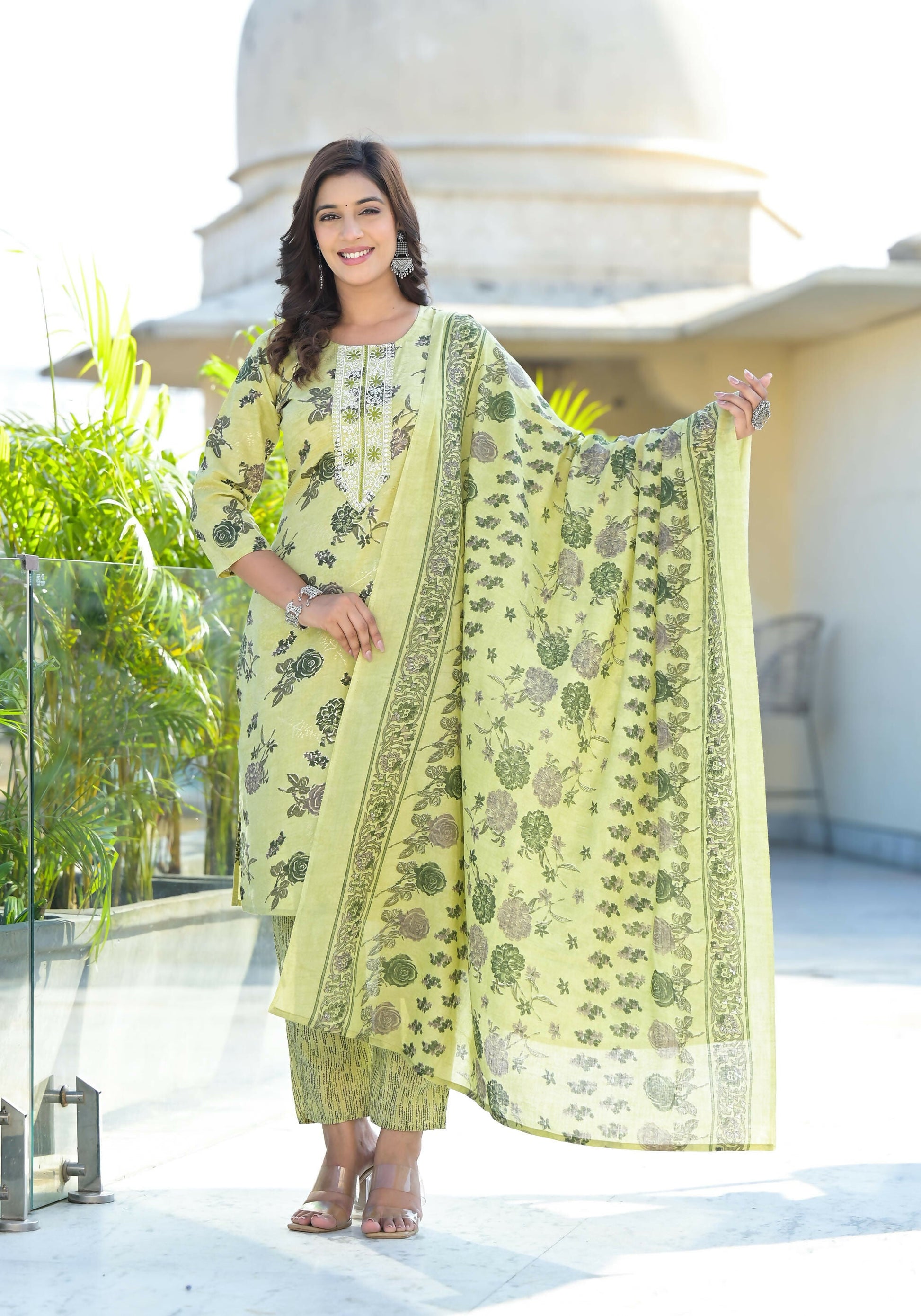 Juniper Women's Lime Green Floral Printed Cotton Kurta Set With Thread Work