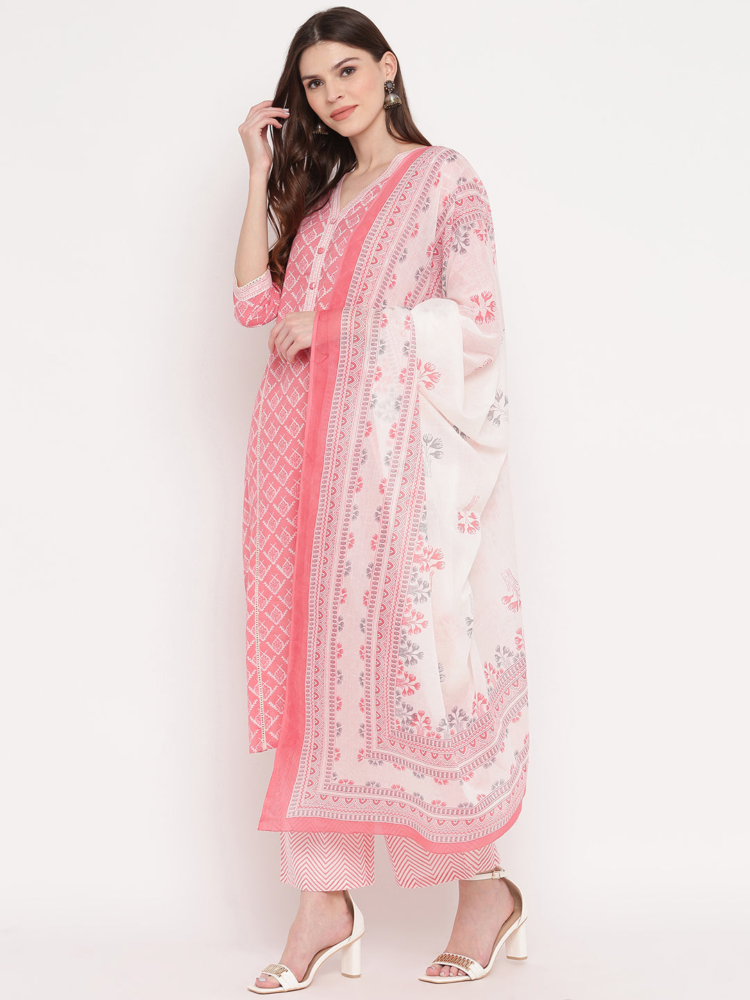 NOZ2TOZ Women Light Pink Cotton Kurta With Palazzo & Dupatta (3Pcs Set) 