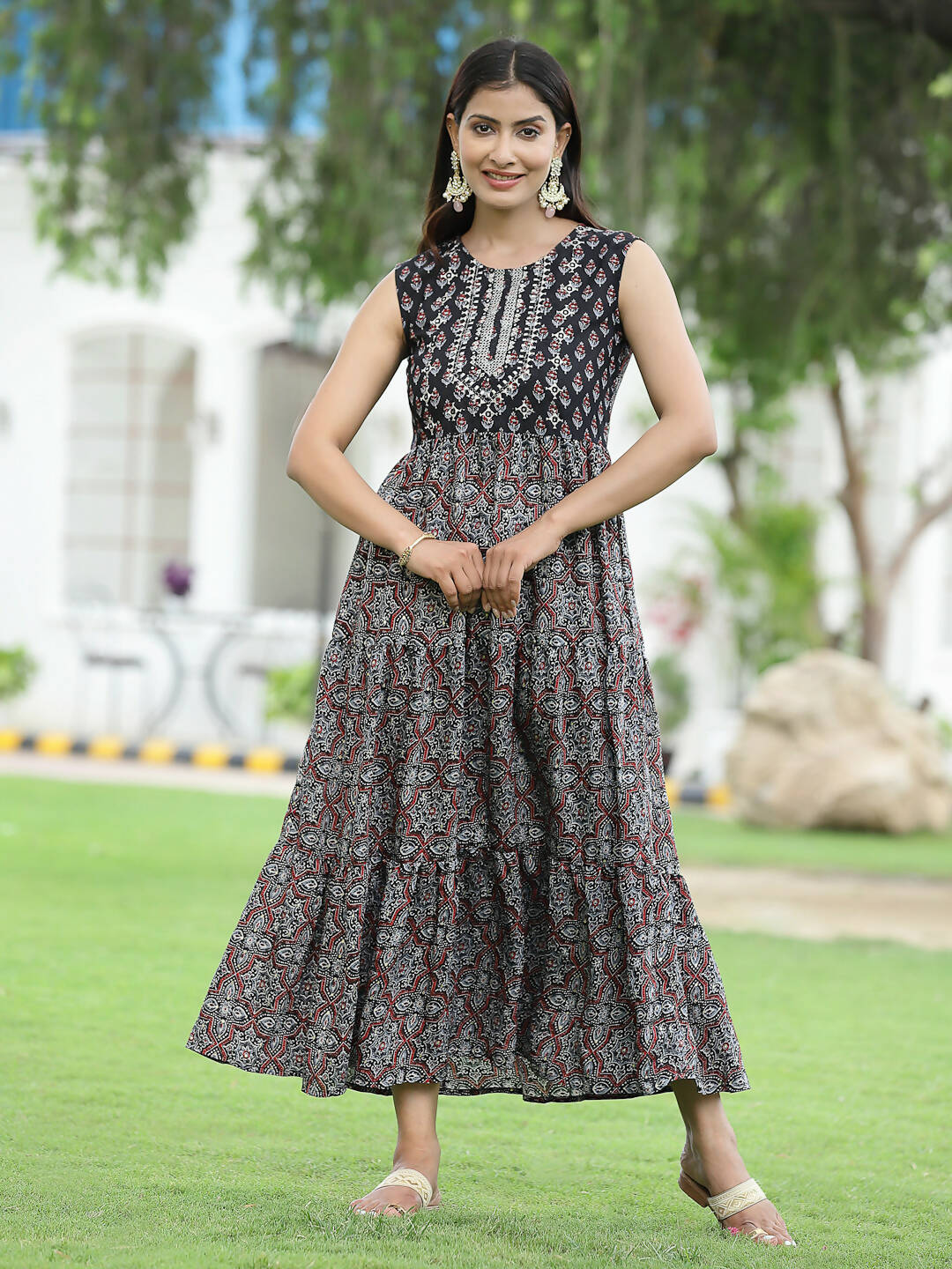 Juniper Women Teal Chanderi Festive Printed Tiered Kurta