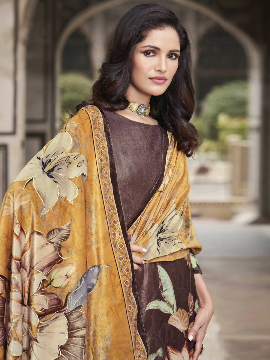 Aastha Fashion Women's Brown Velvet Floral Digital Printed Kurta with Trouser & Dupatta - Grab2buy