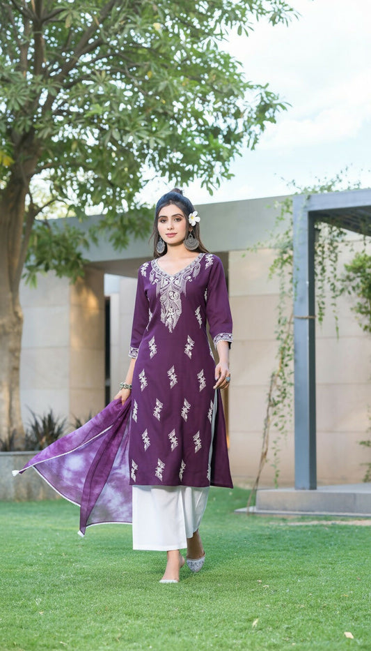 BulBul Pooja Rayon Purple Kurta Set with Dupatta
