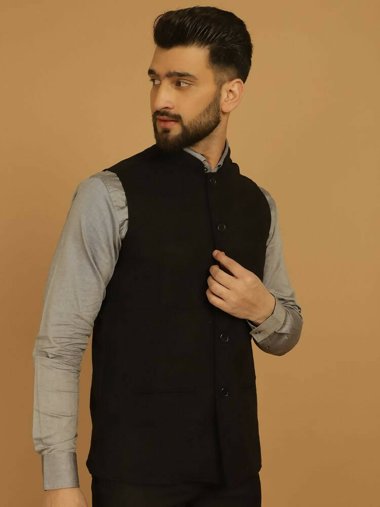 Even Apparels Pure Wool Nehru Jacket - Black 