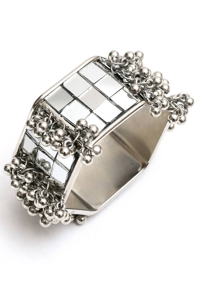 Mominos Fashion Kamal Johar Mirror Oxidised Silver Bangles Set 