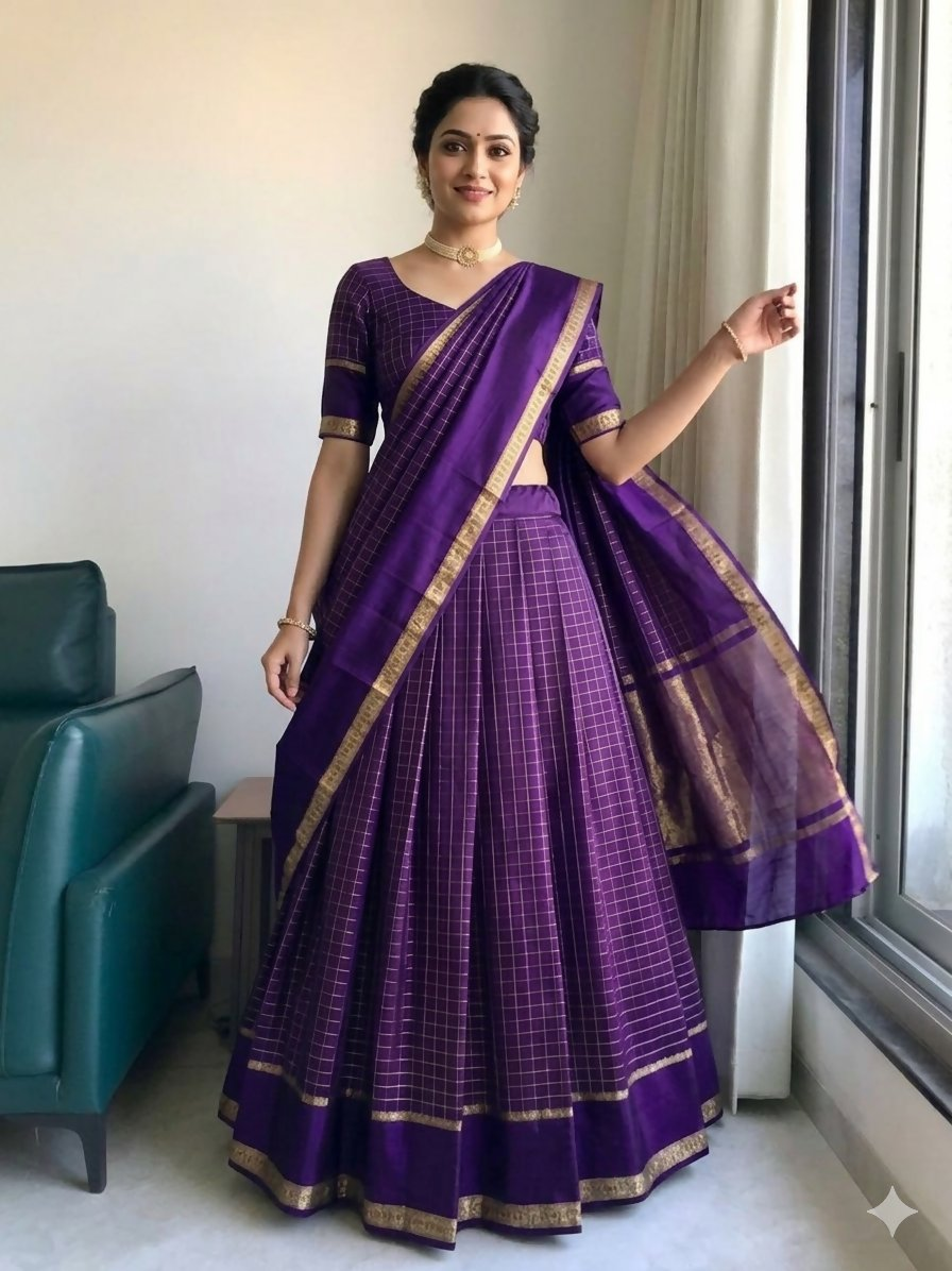 Teeya Creation New South Indian Silk Checked Half Saree Lehenga Choli with Zari Border-Purple