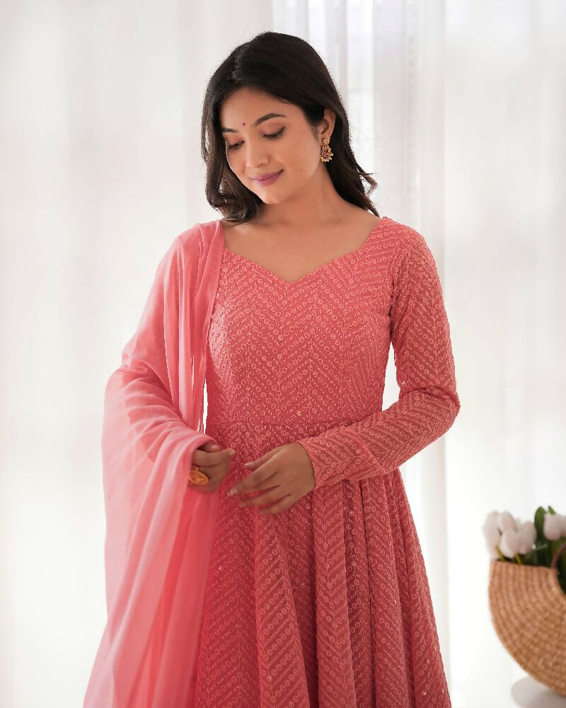 Joban Fashion Peach Kurta Set Georgette Sequence Embroidery Work 