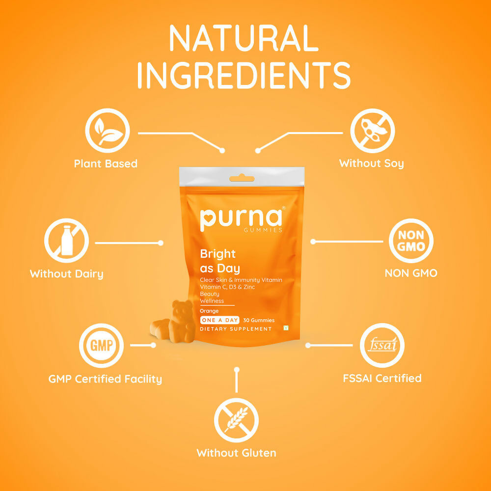 Purna Gummies Vitamin C Orange Gummies with Vitamin D3, and Zinc for Immunity & Clear Skin 
