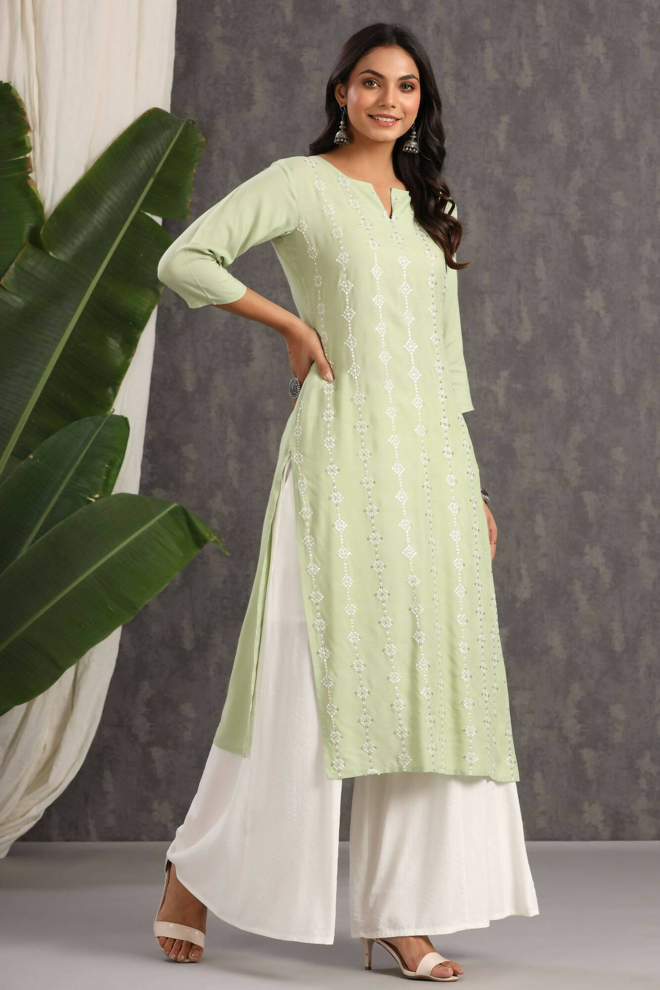 Juniper Women Lightolive Rayon Embroidered Straight Kurta