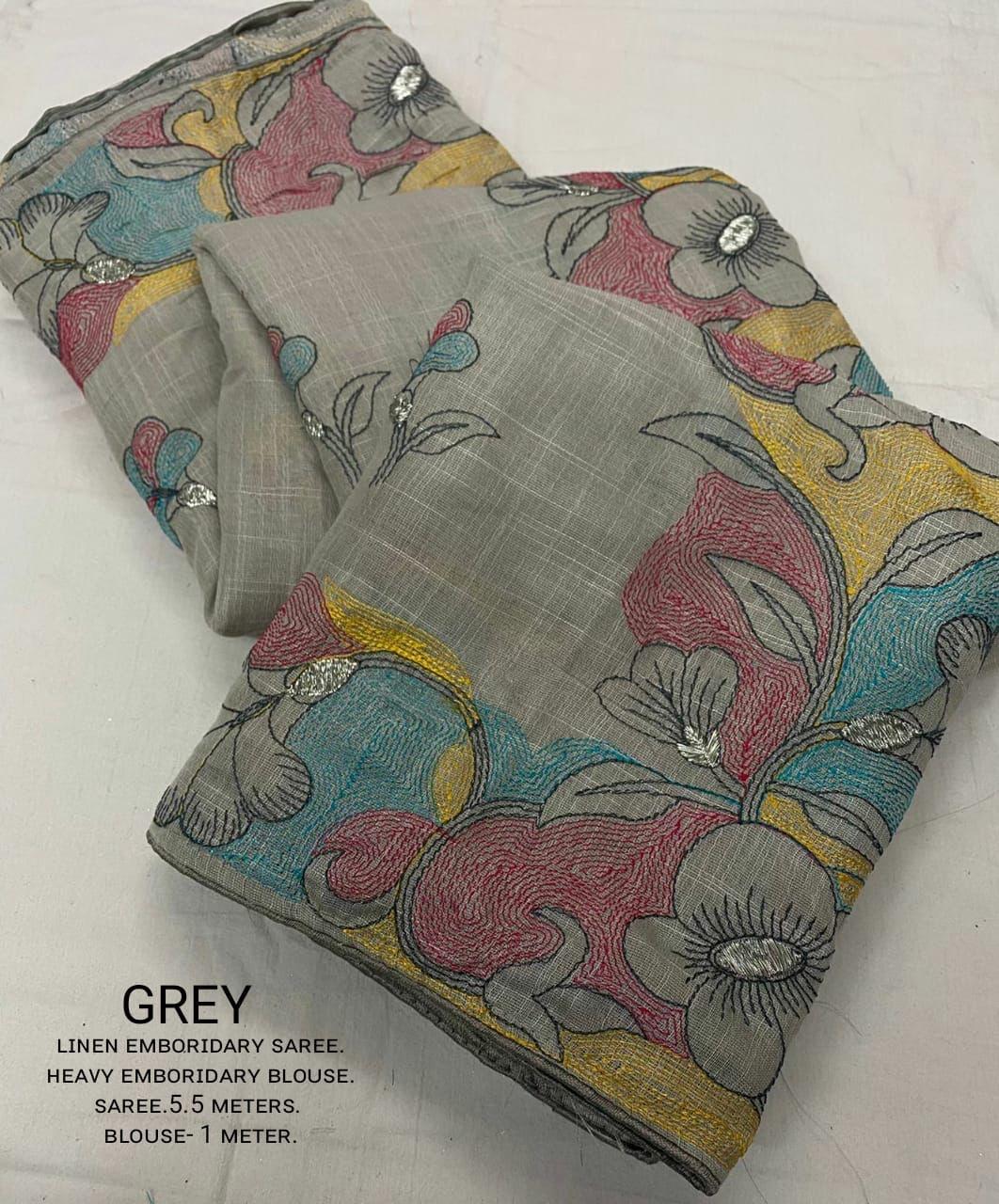 Grey Pure Linen Ethnic Motifs Saree with Unstitched Blouse - Hiral Fashion