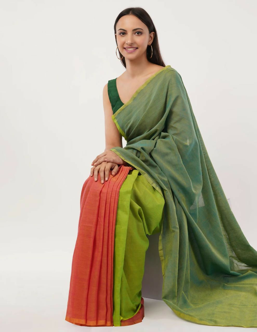 Exclusive Collection Beautiful Khadi Cotton Olive Green Orange Handloom Grab2Buy 