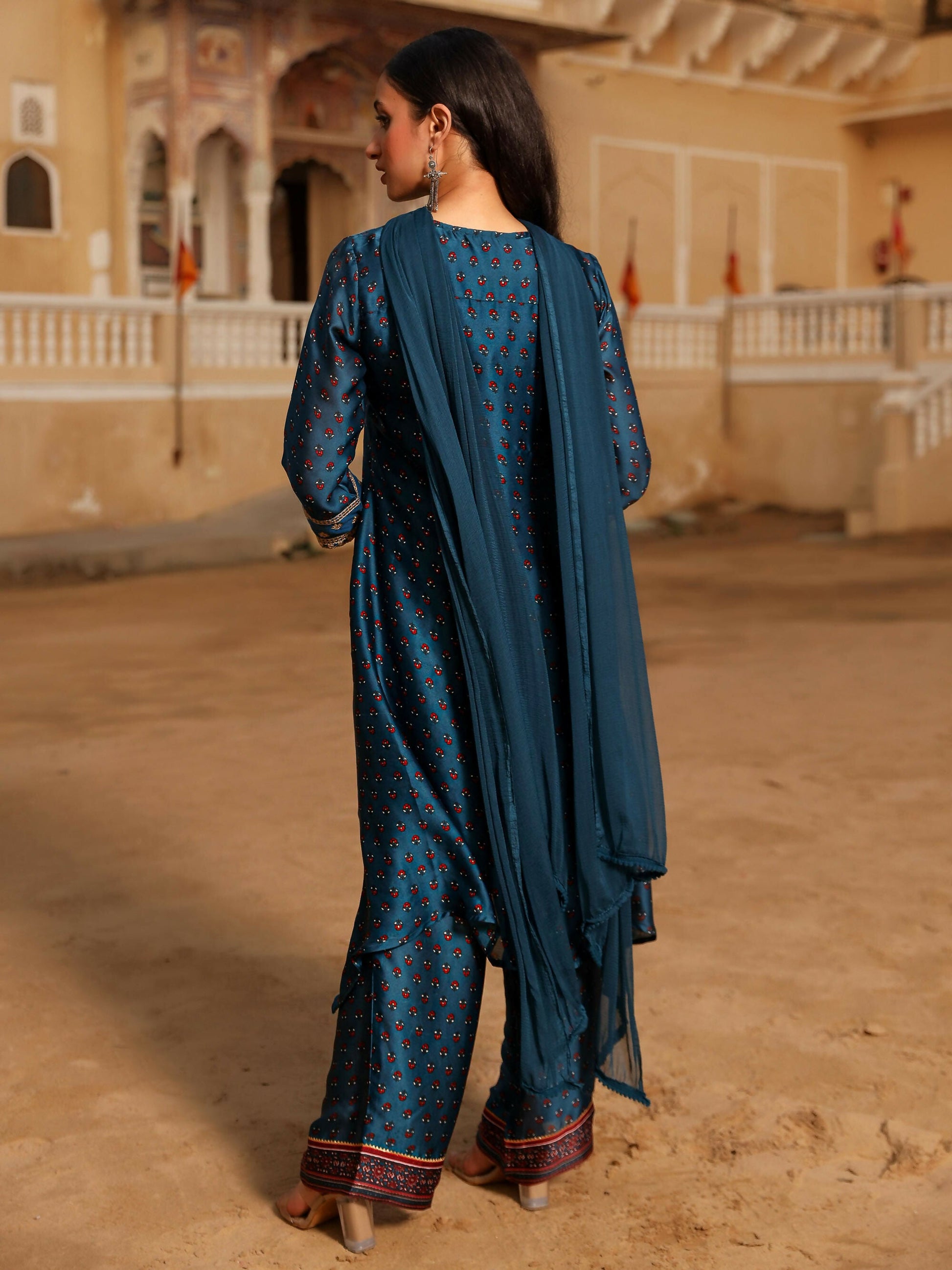 Juniper Women's The Swarn Blue Ethnic Motif Printed Satin Kurta Pant And Dupatta With Zari & Mirror Work