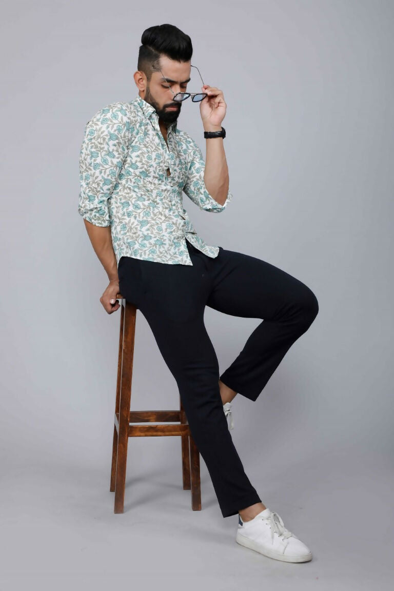Miravan Men's Spread Collar White & Green Floral Print Slim Fit Shirt 