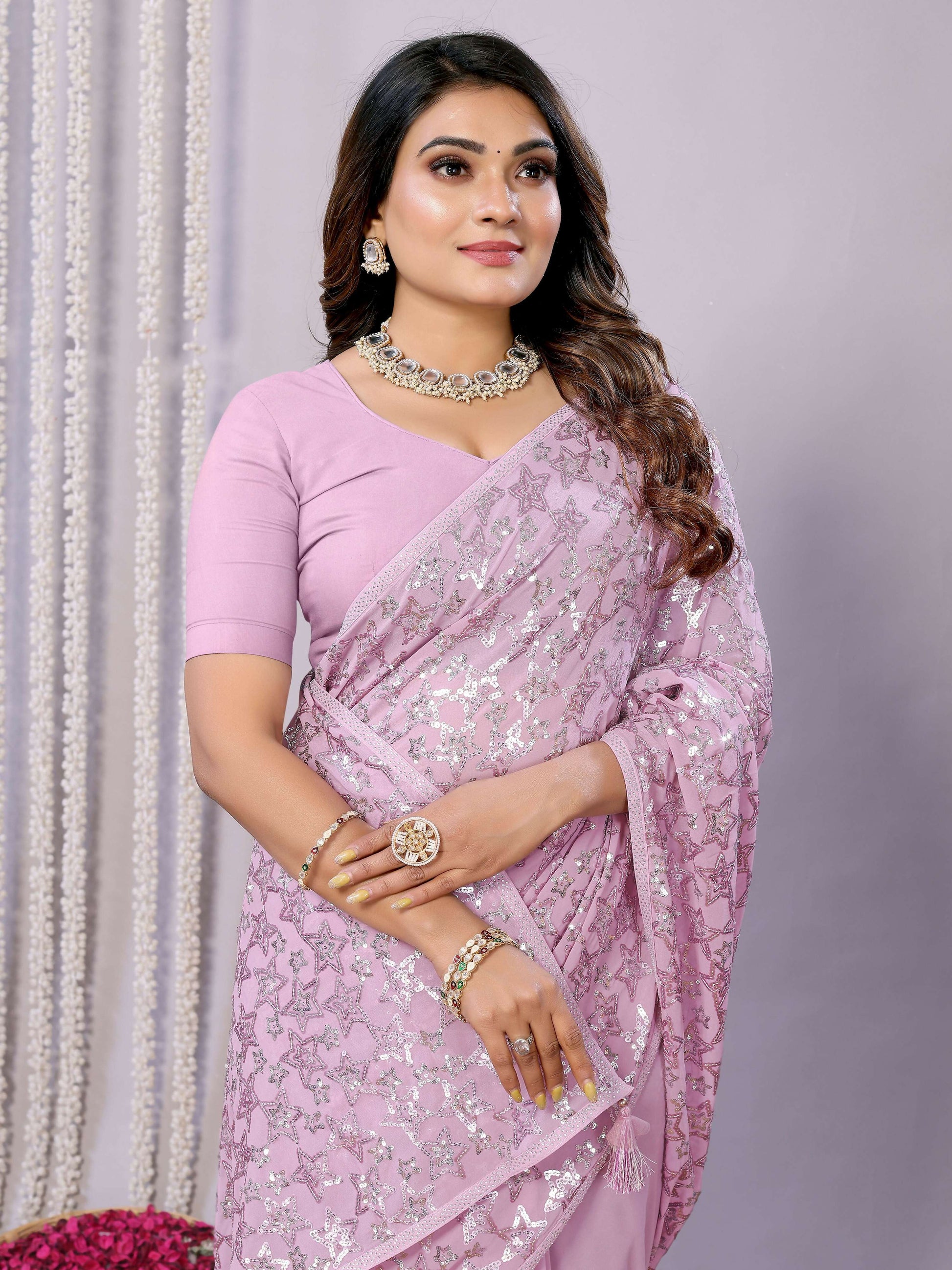 Pink Pure Georgette Embroidered Saree With Stitched Blouse - Nimaya Kaksha