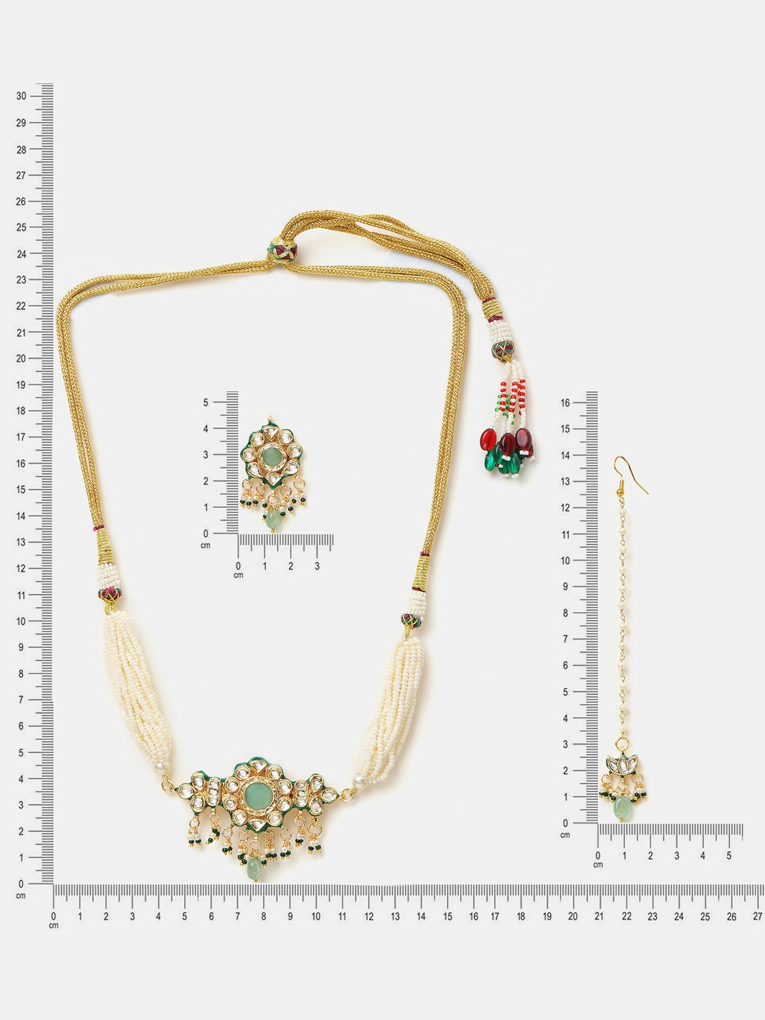 Ruby Raang Green-Gold Kundan Neck Piece With Matching Earrings And Maang Tikka
