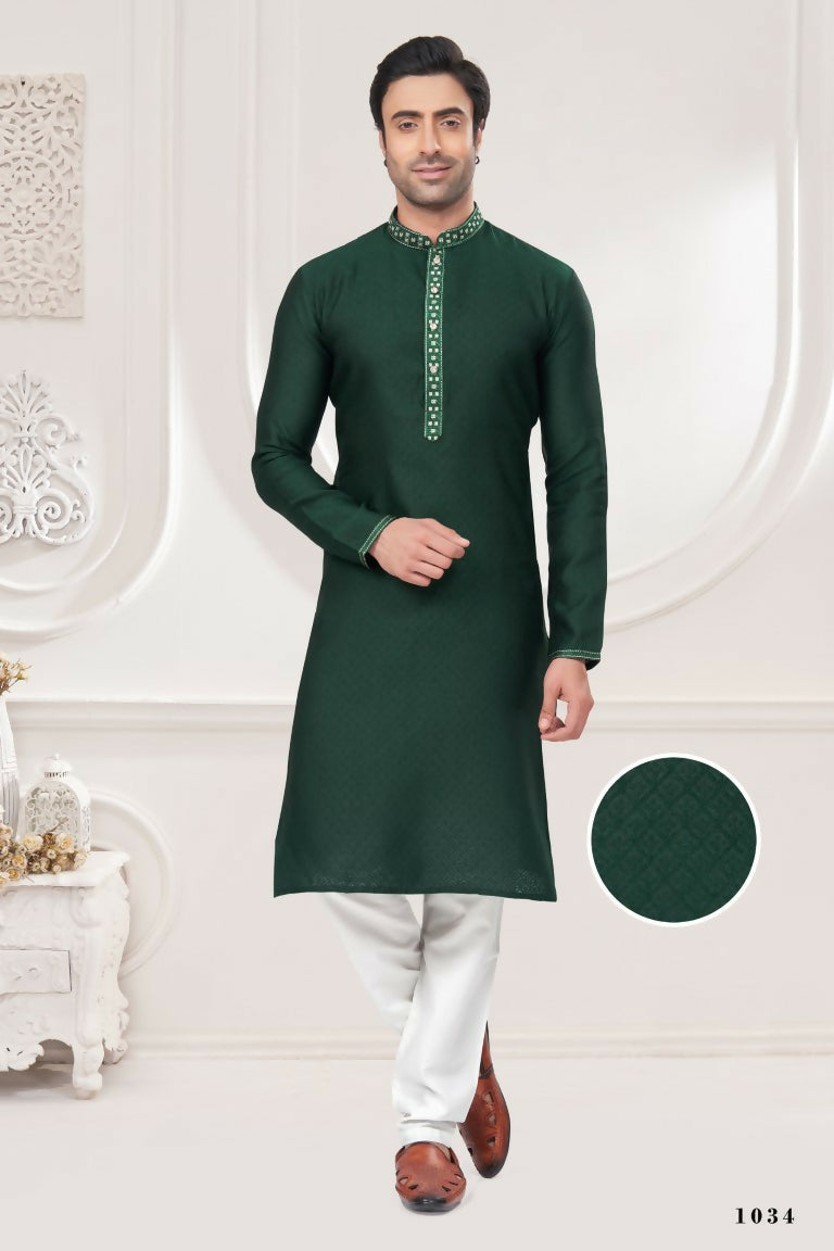 Functional Designer Men's Green Jacquard Kurta With Pant - Rudra