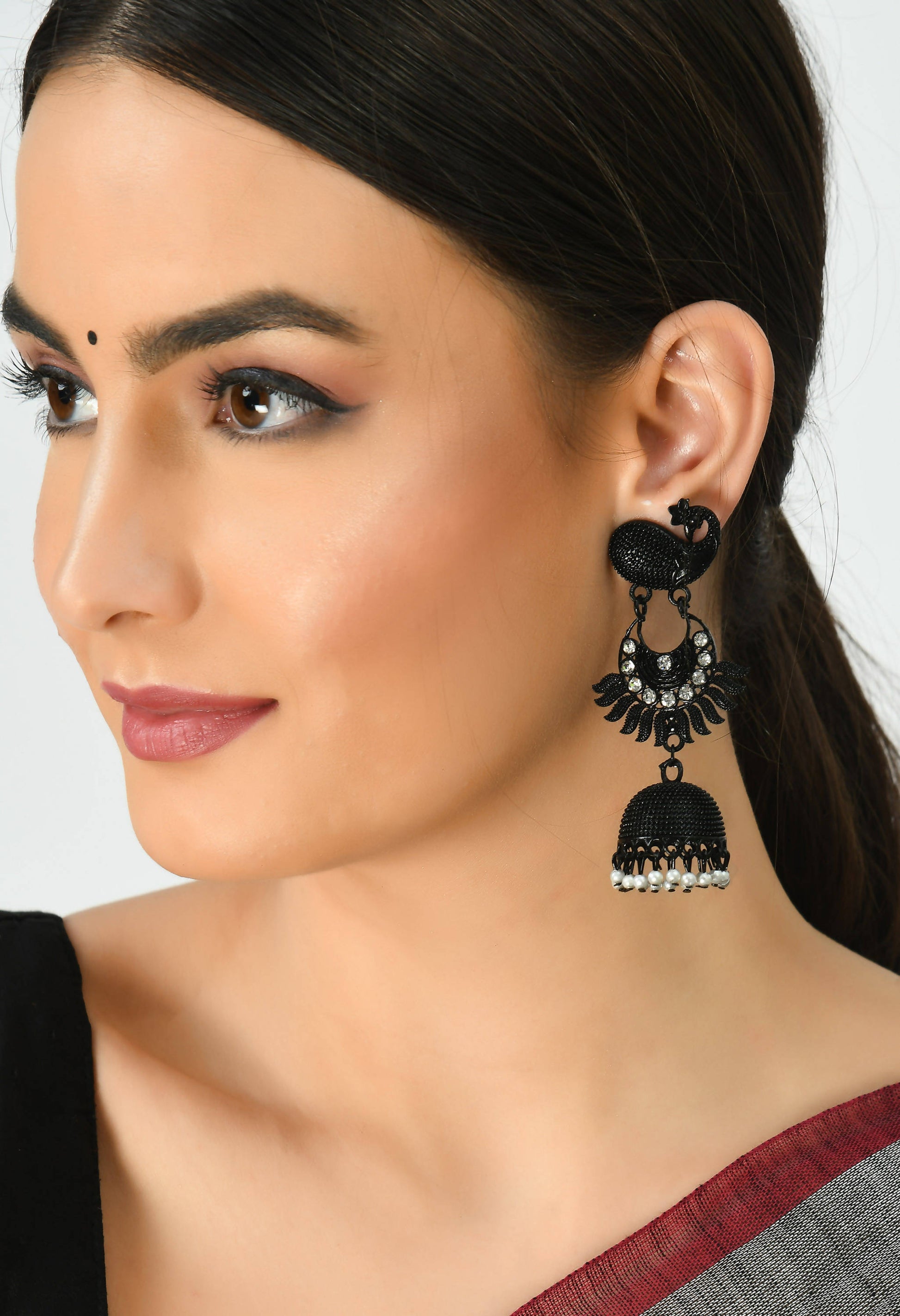 Mominos Fashion Johar Kamal Black Color Peacock Earrings Jhumka 