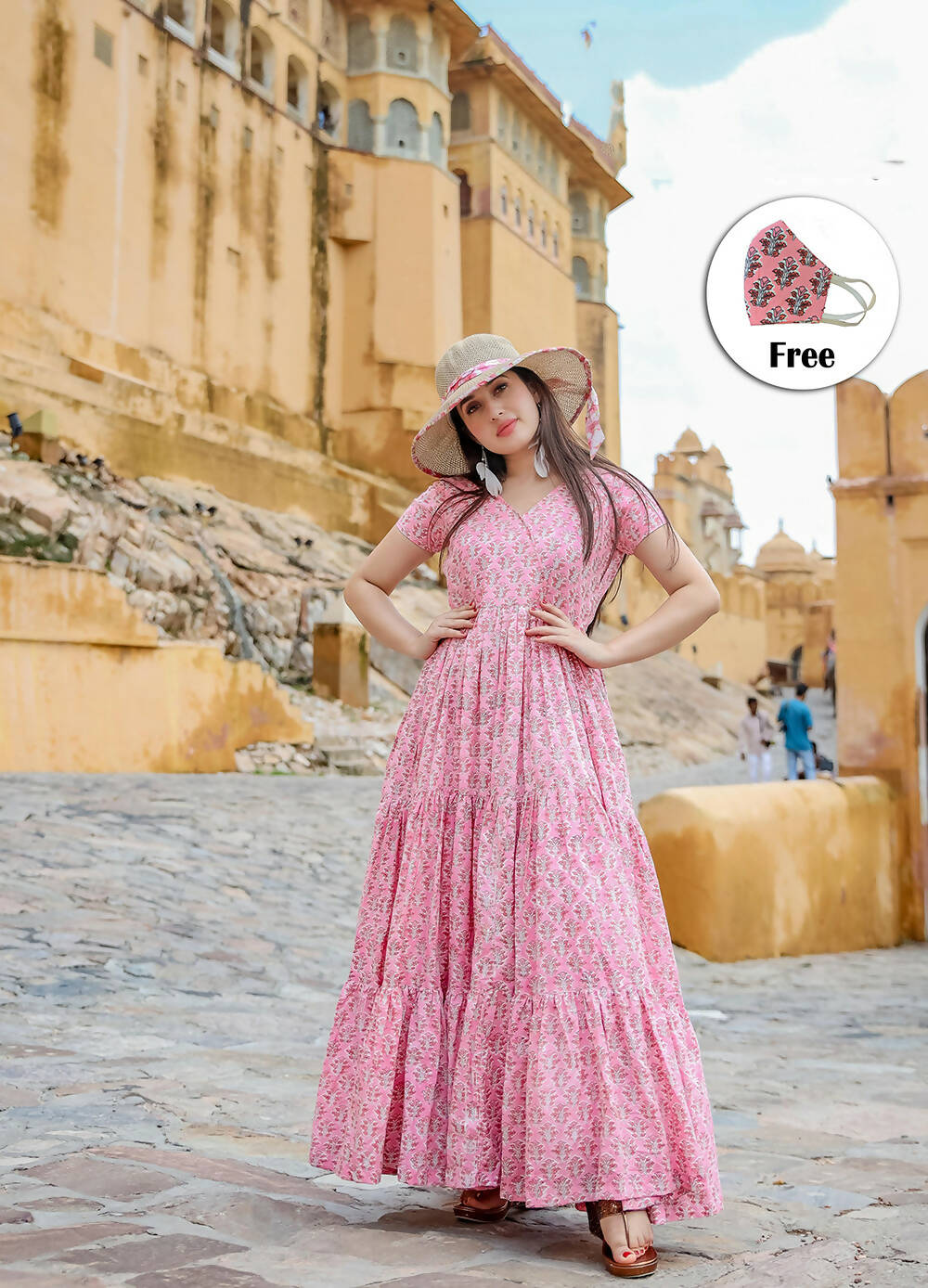 Designer Partywear Printed Pink Pure Maslin Gown - Anbazaar