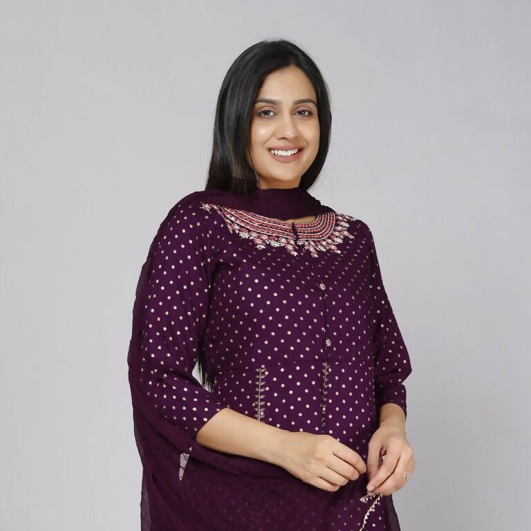 Alvano Women' Stylish Anarkali Kurta with Pant and Dupatta for Women and Girls Rayon (Wine)