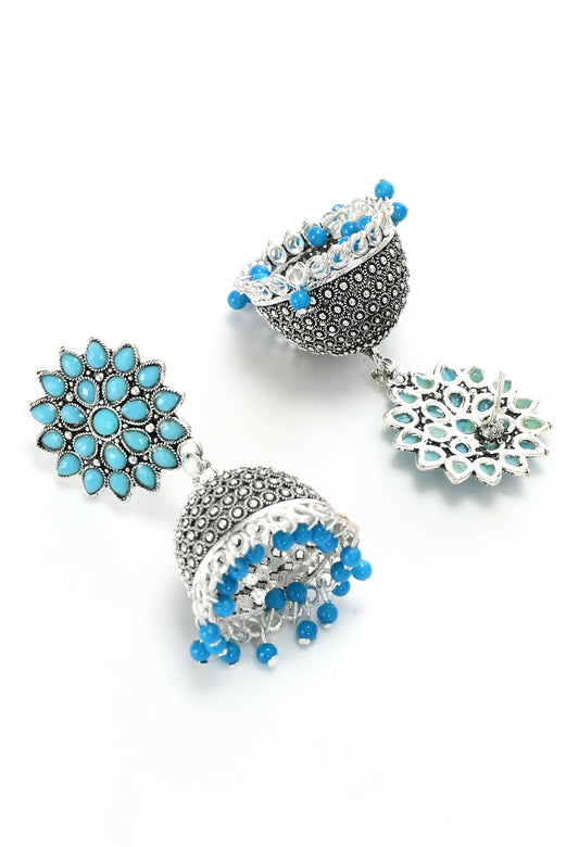 Mominos Fashion Joharkamal Kundan work Jhumka with Sky Blue Beads - Grab2buy