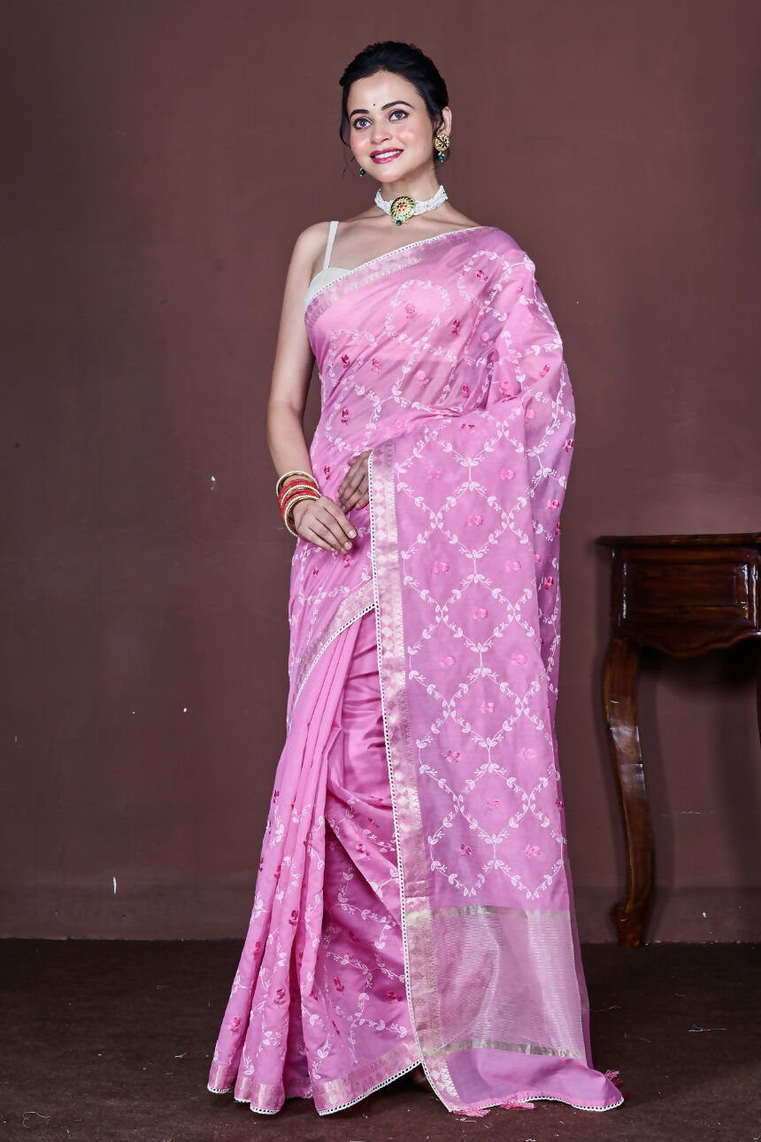 Morchari Pink Cotton Chanderi Embroidery Saree Unstitched Blouse