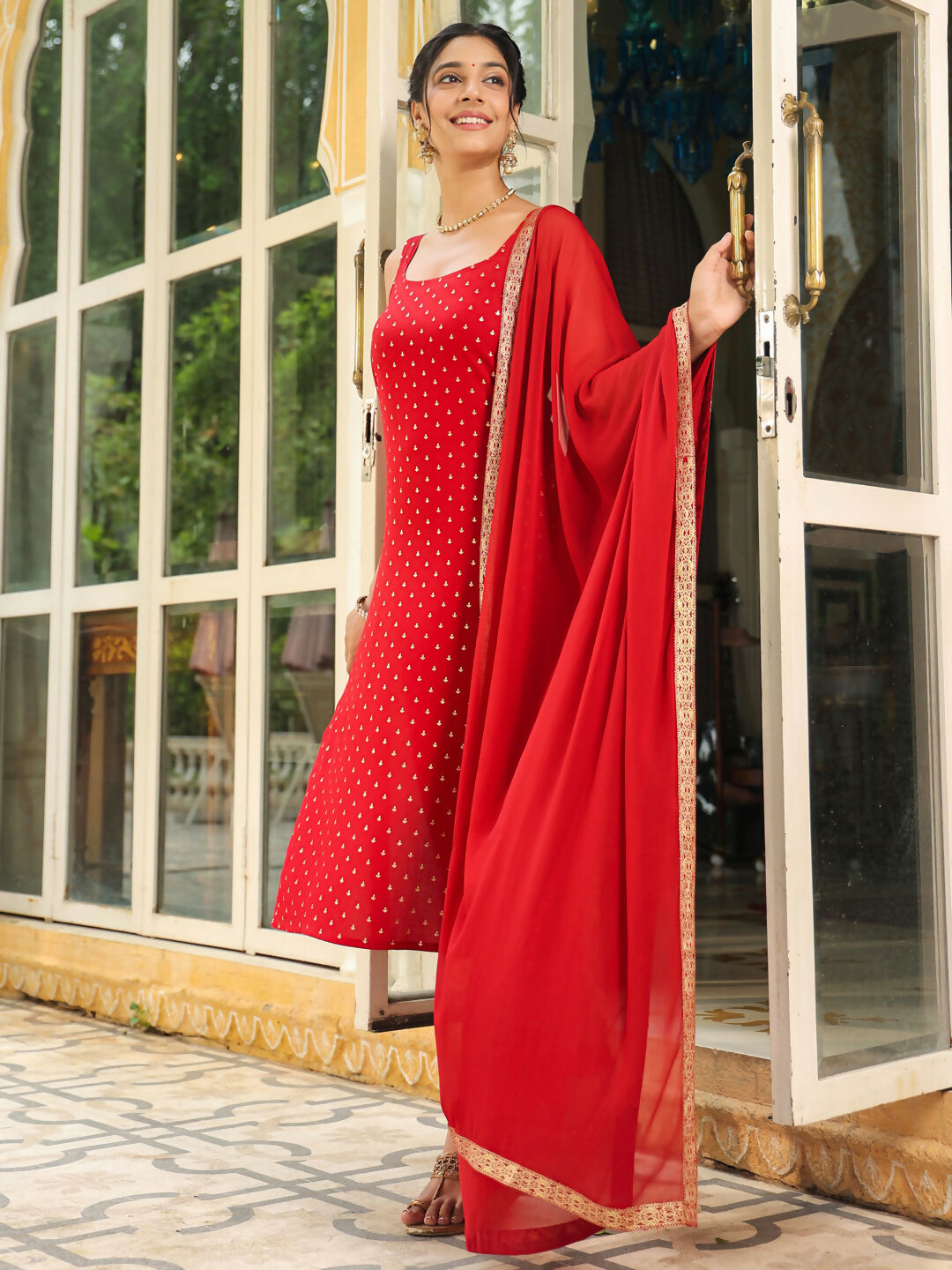 Janasya Maroon Rayon Foil Print Kurta,Bottom & Dupatta 