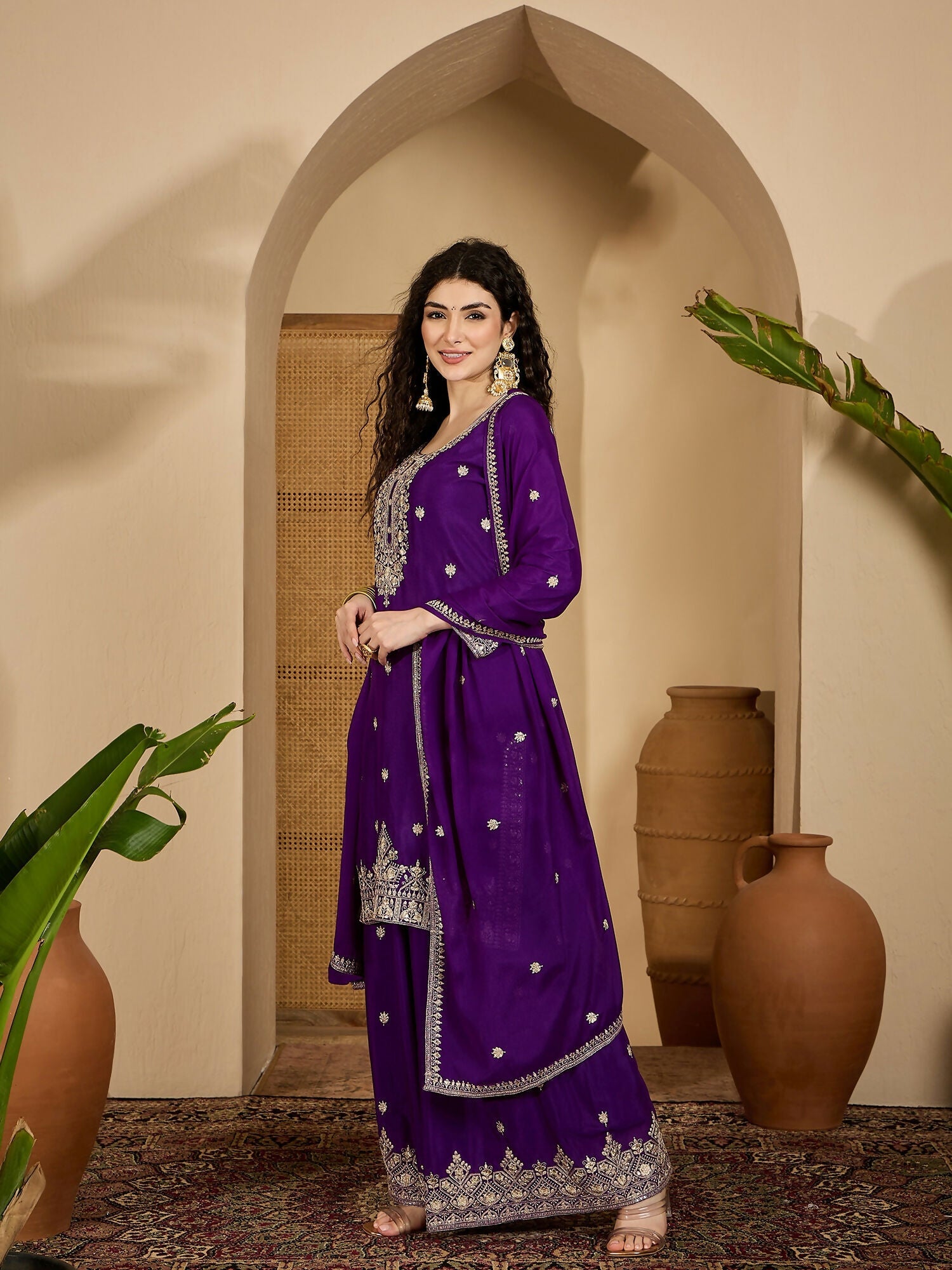 Joban Fashion Embroidery Purple Chinon Silk Kurta Set
