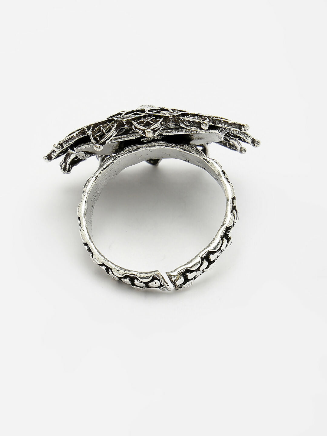 NVR Women's Silver-Toned Floral Shape Adjustable Finger Ring 