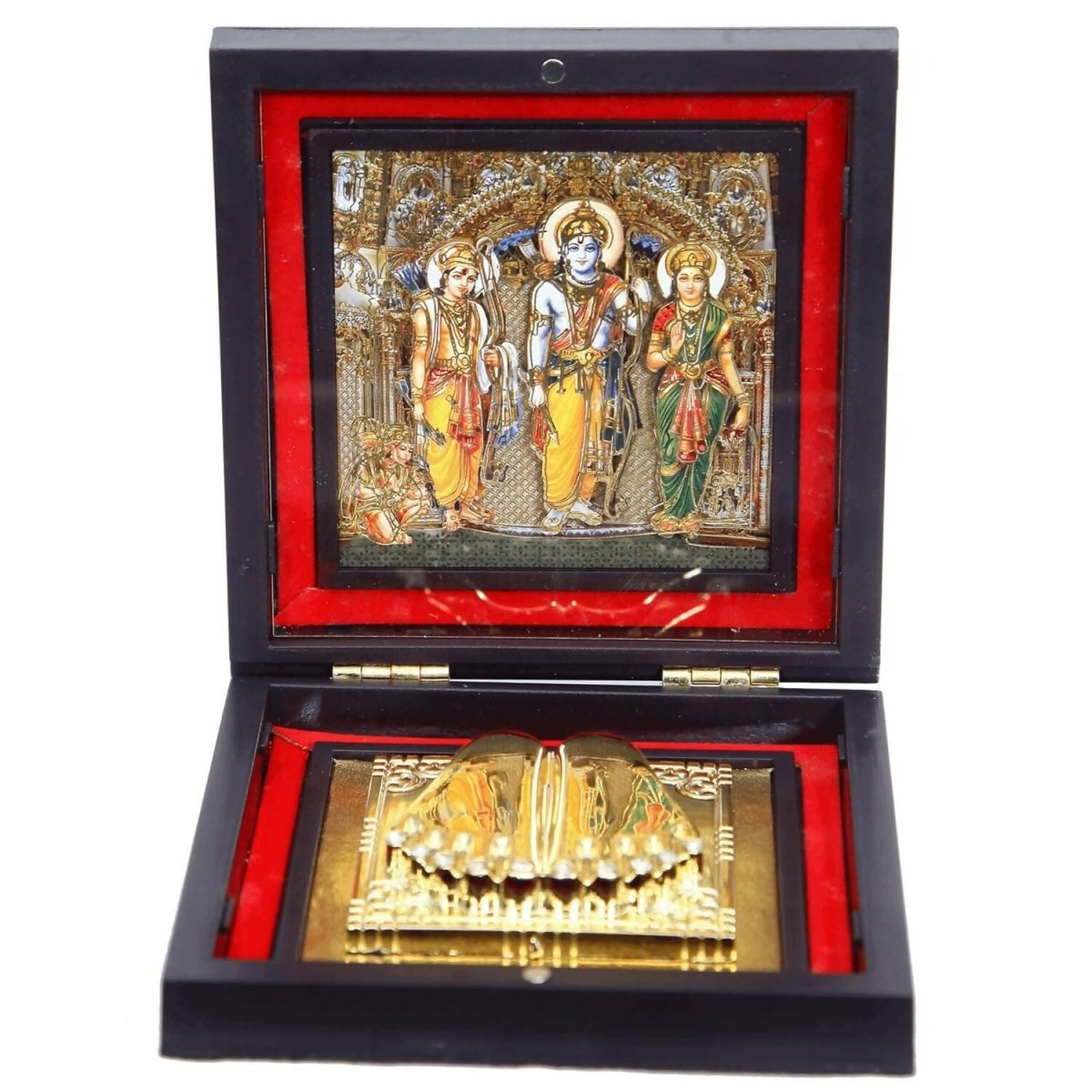 AncientlRam Darbar Pocket Temple Box With Charan Paduka Square Shaped, Gold Plated - Grab2buy