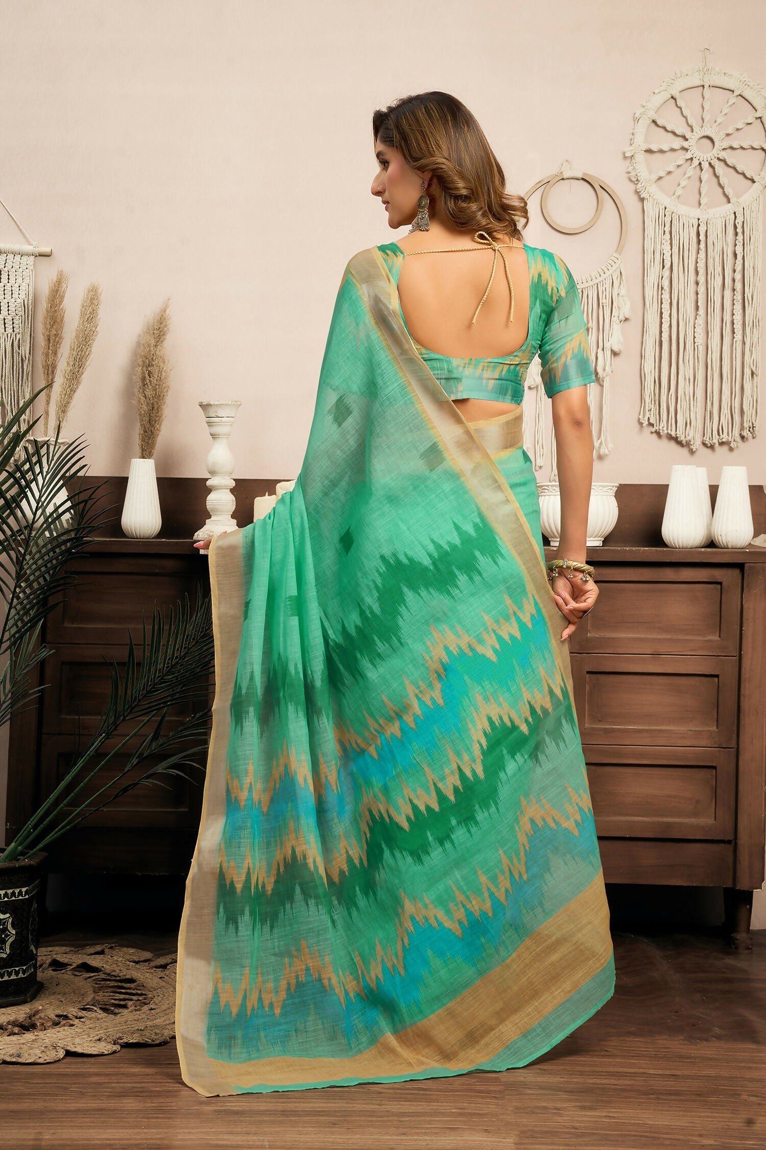 Joban Fashion Teal Green Ikkat Linen Ready To Wear Saree With Unstitched Blouse