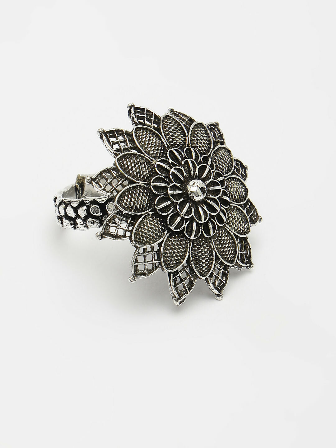 NVR Women's Silver-Toned Floral Shape Adjustable Finger Ring 