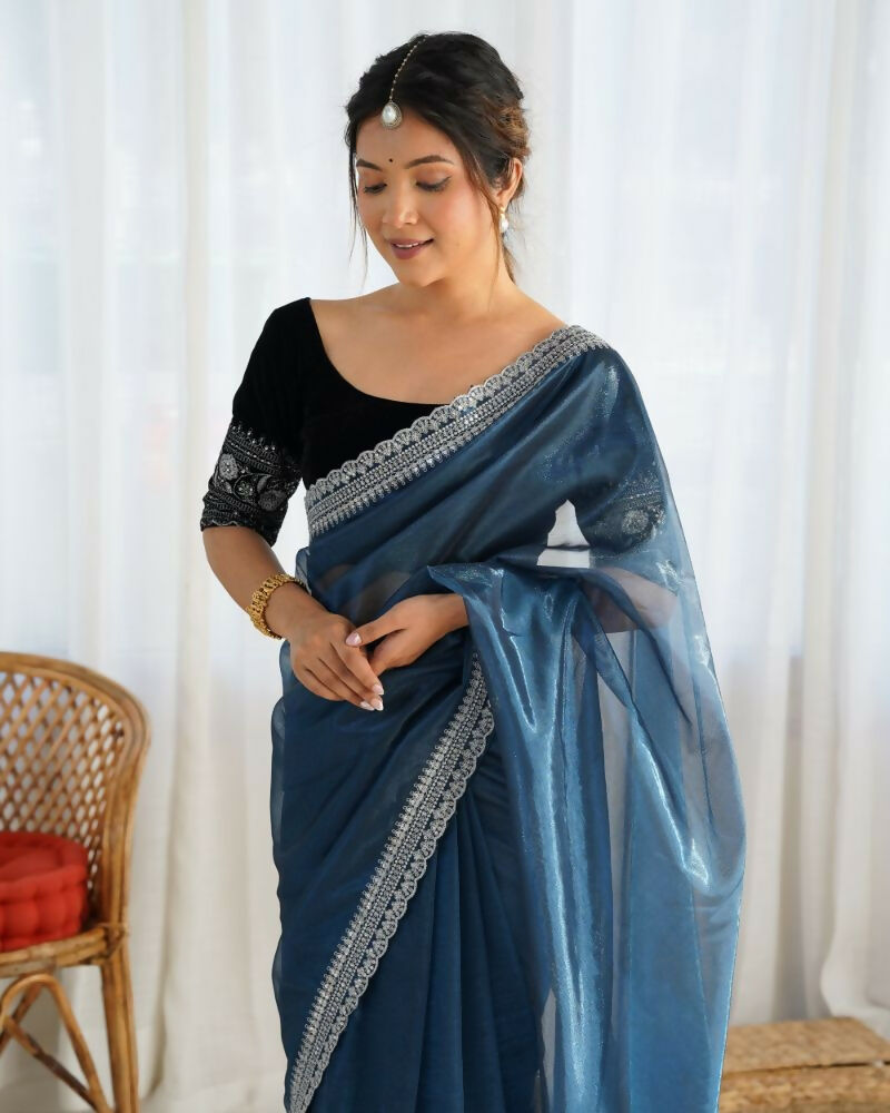 Attrctive Looking Gold Jari, Sequance Embroidery Work Twill Net Party Wear Saree - Teal