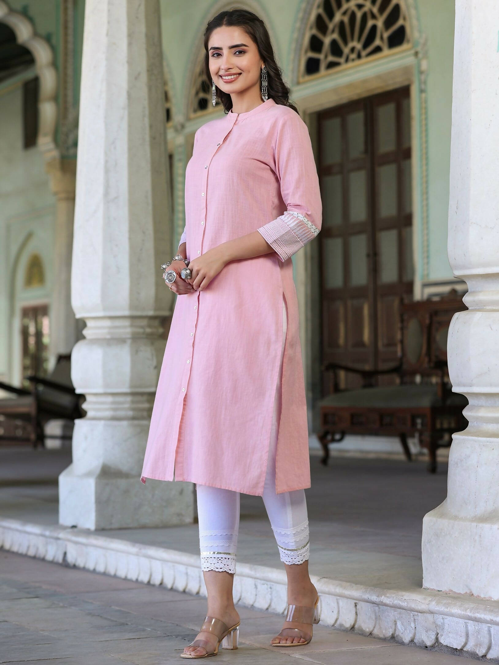 Juniper Women's Pink Cotton Slub Embroidered Straight Kurta